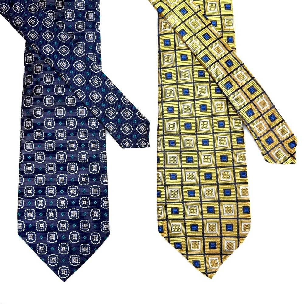 Lot of Two Lands End Silk Ties Men Long 63" Navy Gold Geometric Jacquard
